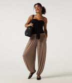 Ribbed Mid Rise Ruched Casual Trousers with Pockets — Beaver Fur — view 6