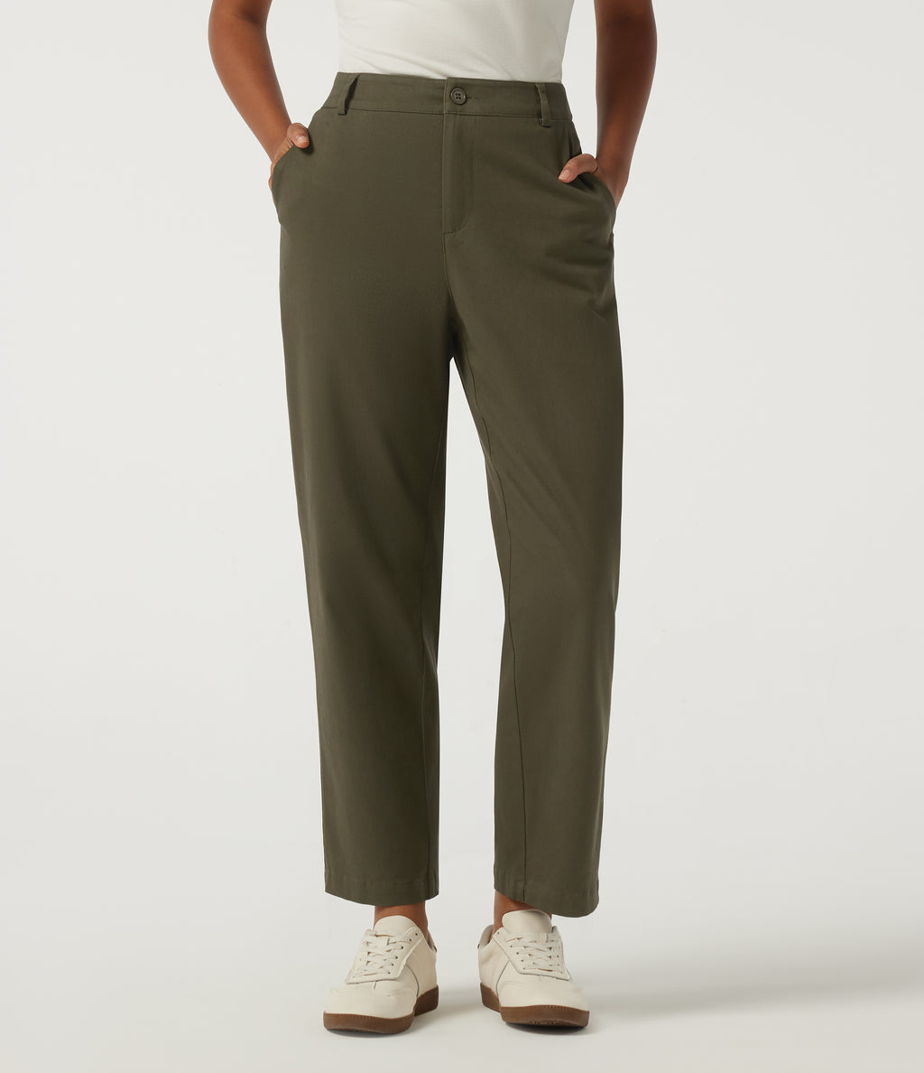 Mid Rise Straight Leg Work Chino Cotton Trousers with Pockets — Forest Night — view 1