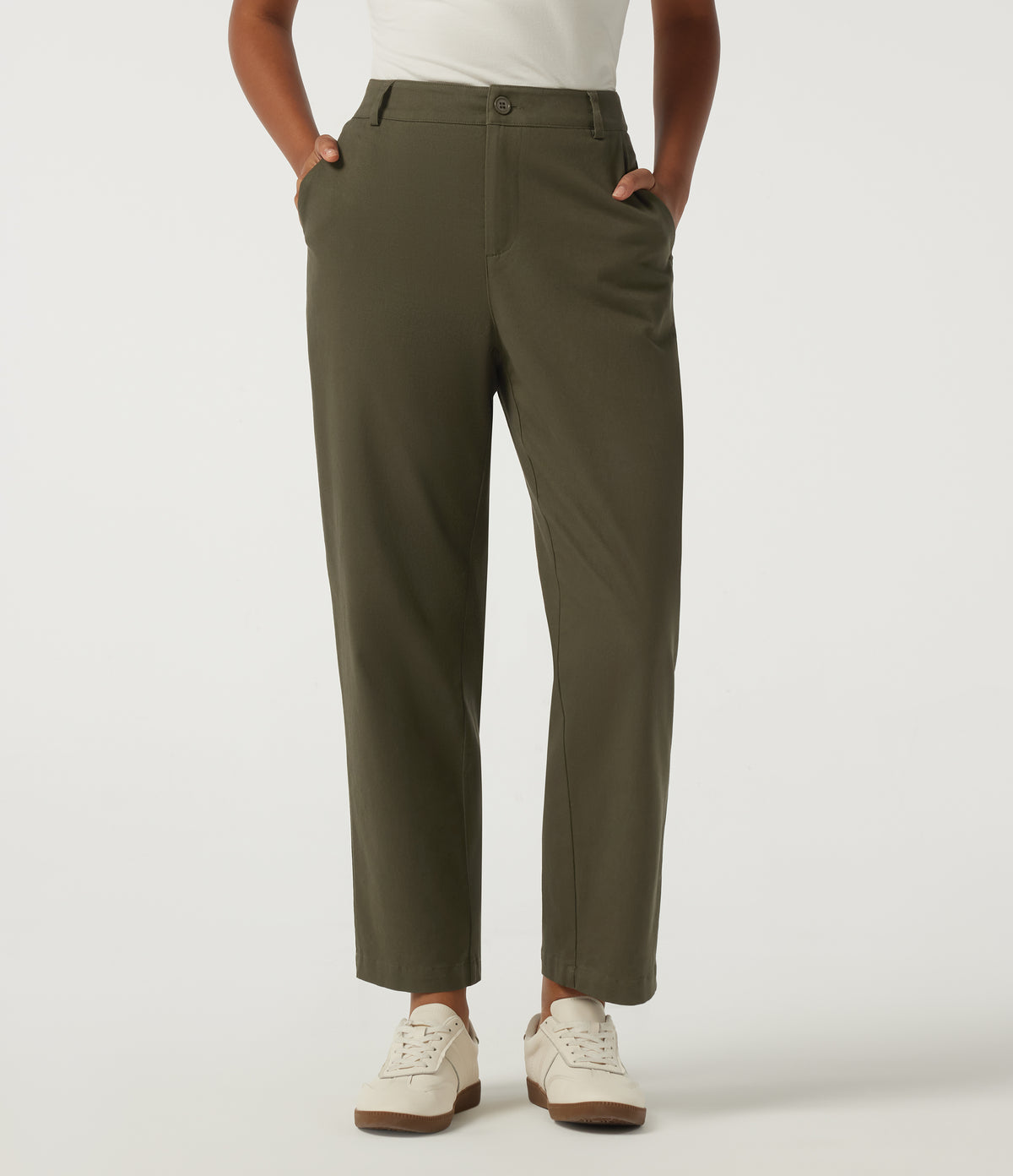 Mid Rise Straight Leg Work Chino Cotton Trousers with Pockets — Forest Night — view 1