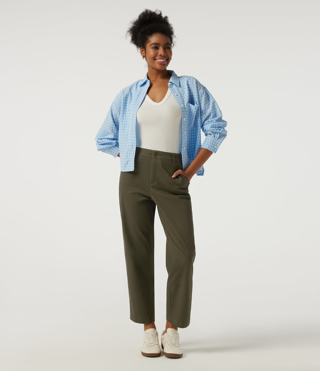 Mid Rise Straight Leg Work Chino Cotton Trousers with Pockets — Forest Night — view 6