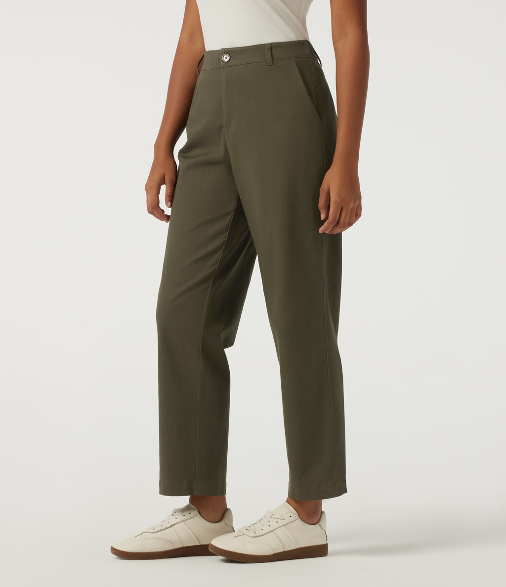 Mid Rise Straight Leg Work Chino Cotton Trousers with Pockets — Forest Night — view 3