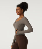 Ribbed Knit Round Neck Long Sleeve Yoga Track Jacket with Pockets and ThumbHoles — Dawn Brown — view 3