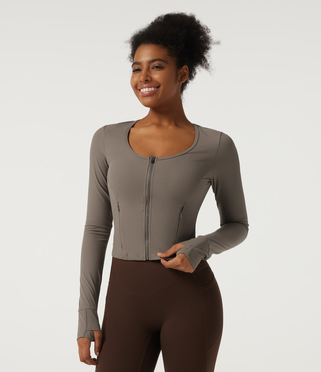 Ribbed Knit Round Neck Long Sleeve Yoga Track Jacket with Pockets and ThumbHoles — Dawn Brown — view 4