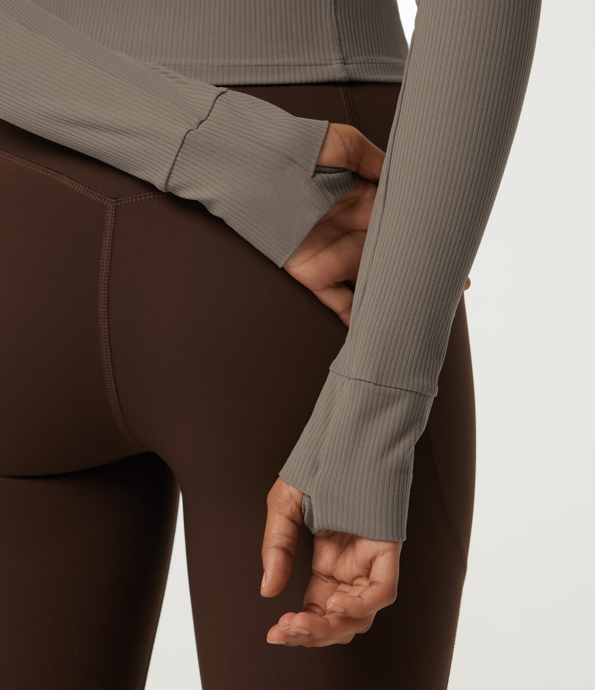 Ribbed Knit Round Neck Long Sleeve Yoga Track Jacket with Pockets and ThumbHoles — Dawn Brown — view 7