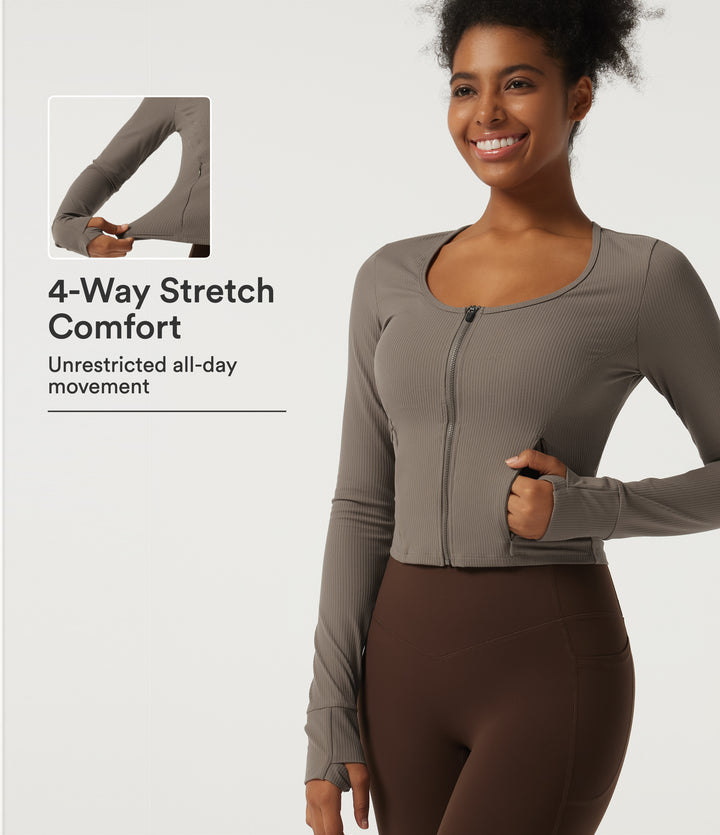 Ribbed Knit Round Neck Long Sleeve Yoga Track Jacket with Pockets and ThumbHoles — Dawn Brown — view 1