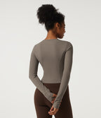 Ribbed Knit Round Neck Long Sleeve Yoga Track Jacket with Pockets and ThumbHoles — Dawn Brown — view 2
