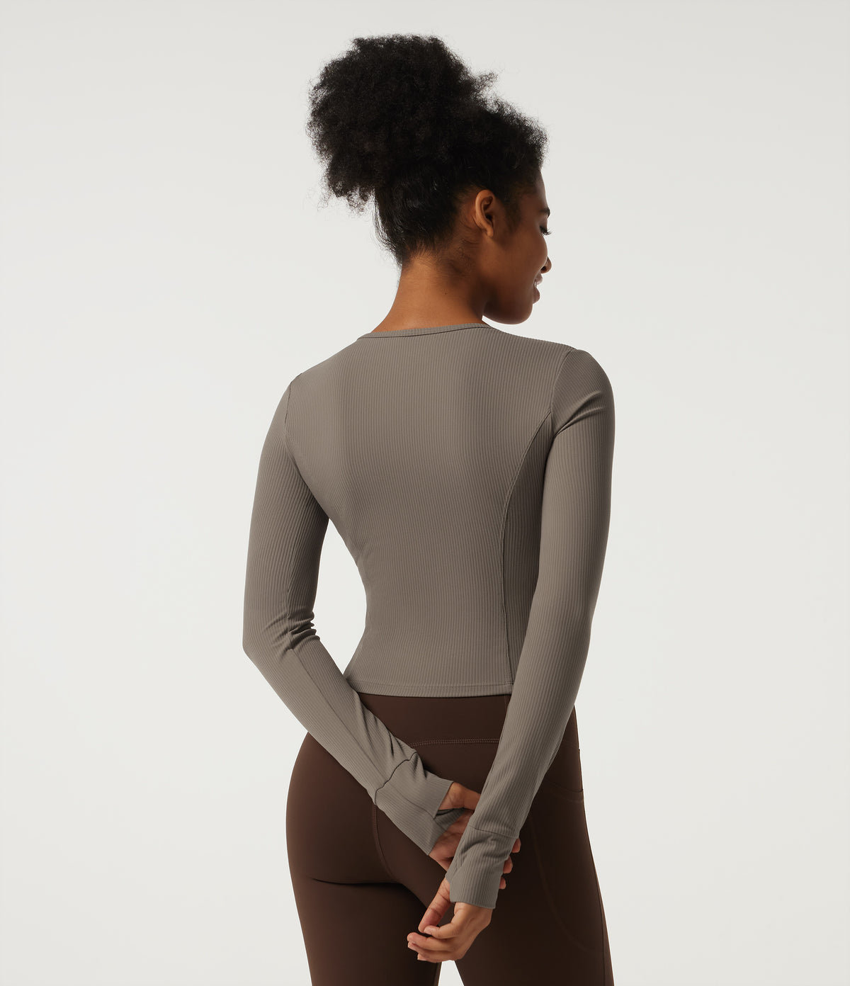 Ribbed Knit Round Neck Long Sleeve Yoga Track Jacket with Pockets and ThumbHoles — Dawn Brown — view 2