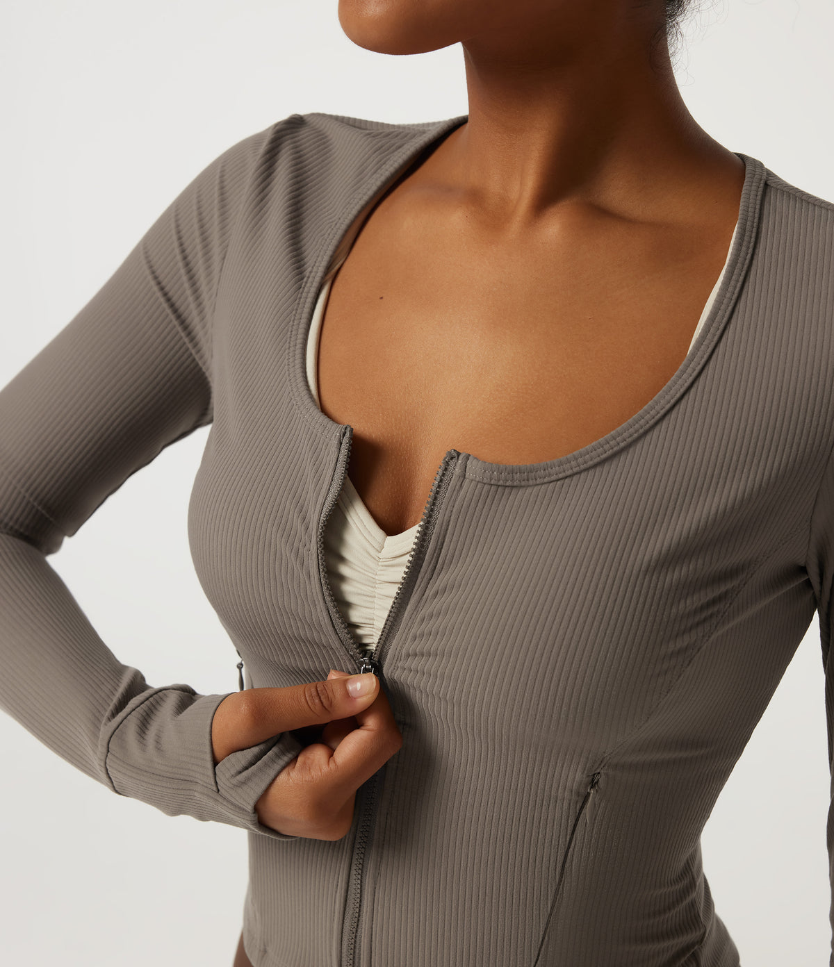 Ribbed Knit Round Neck Long Sleeve Yoga Track Jacket with Pockets and ThumbHoles — Dawn Brown — view 5