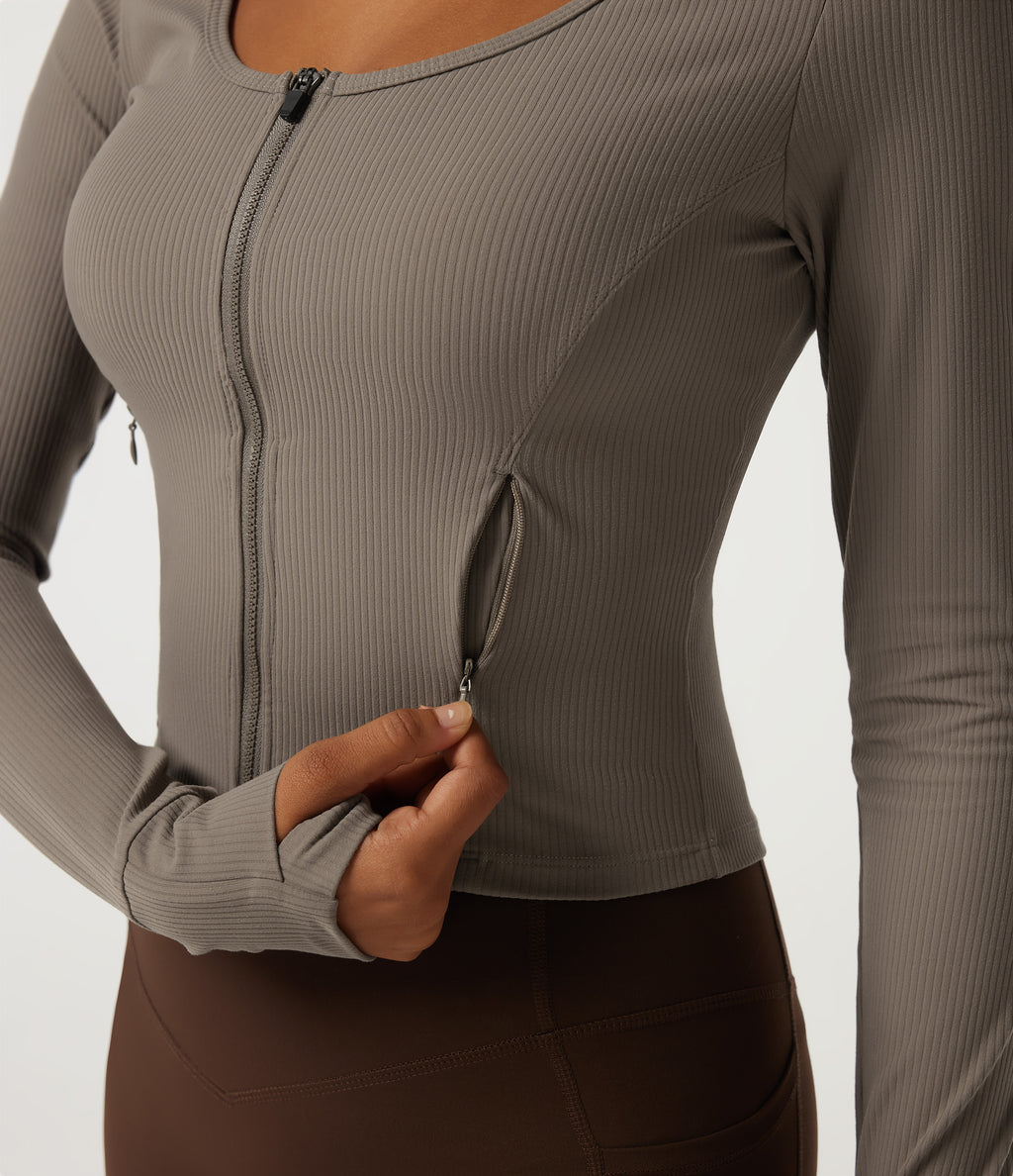 Ribbed Knit Round Neck Long Sleeve Yoga Track Jacket with Pockets and ThumbHoles — Dawn Brown — view 6