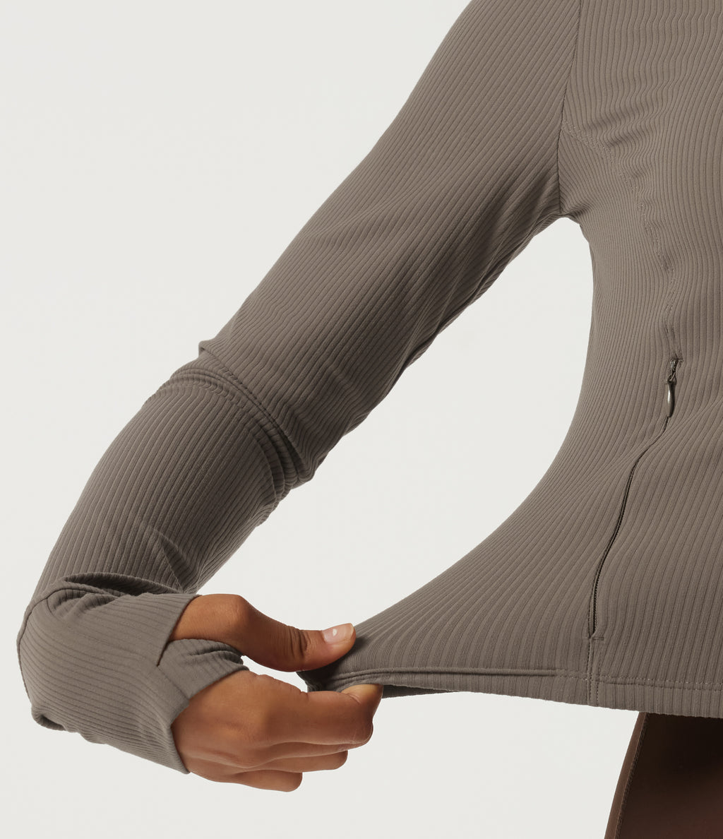 Ribbed Knit Round Neck Long Sleeve Yoga Track Jacket with Pockets and ThumbHoles — Dawn Brown — view 8
