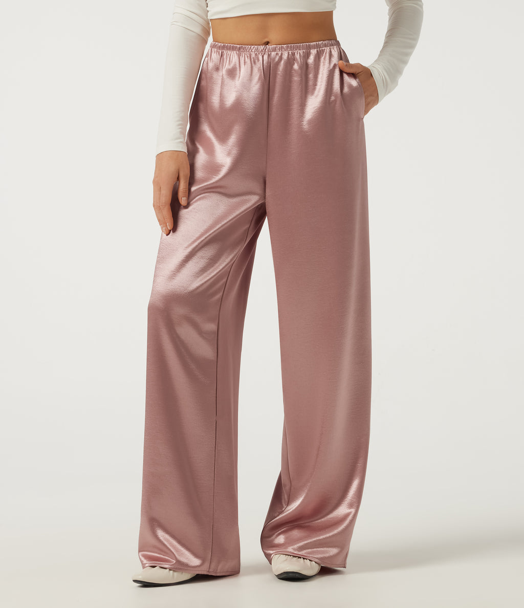 Mid Rise Wide Leg Satin Work Trousers with Pockets — Misty Rose — view 1