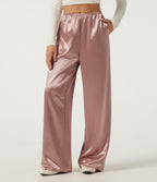 Mid Rise Wide Leg Satin Work Trousers with Pockets — Misty Rose — view 1