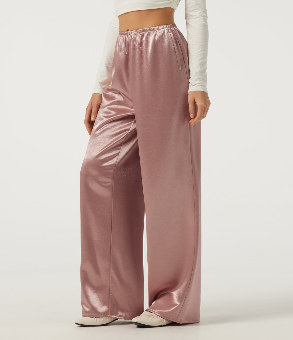 Mid Rise Wide Leg Satin Work Trousers with Pockets — Misty Rose — view 3