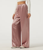 Mid Rise Wide Leg Satin Work Trousers with Pockets — Misty Rose — view 3