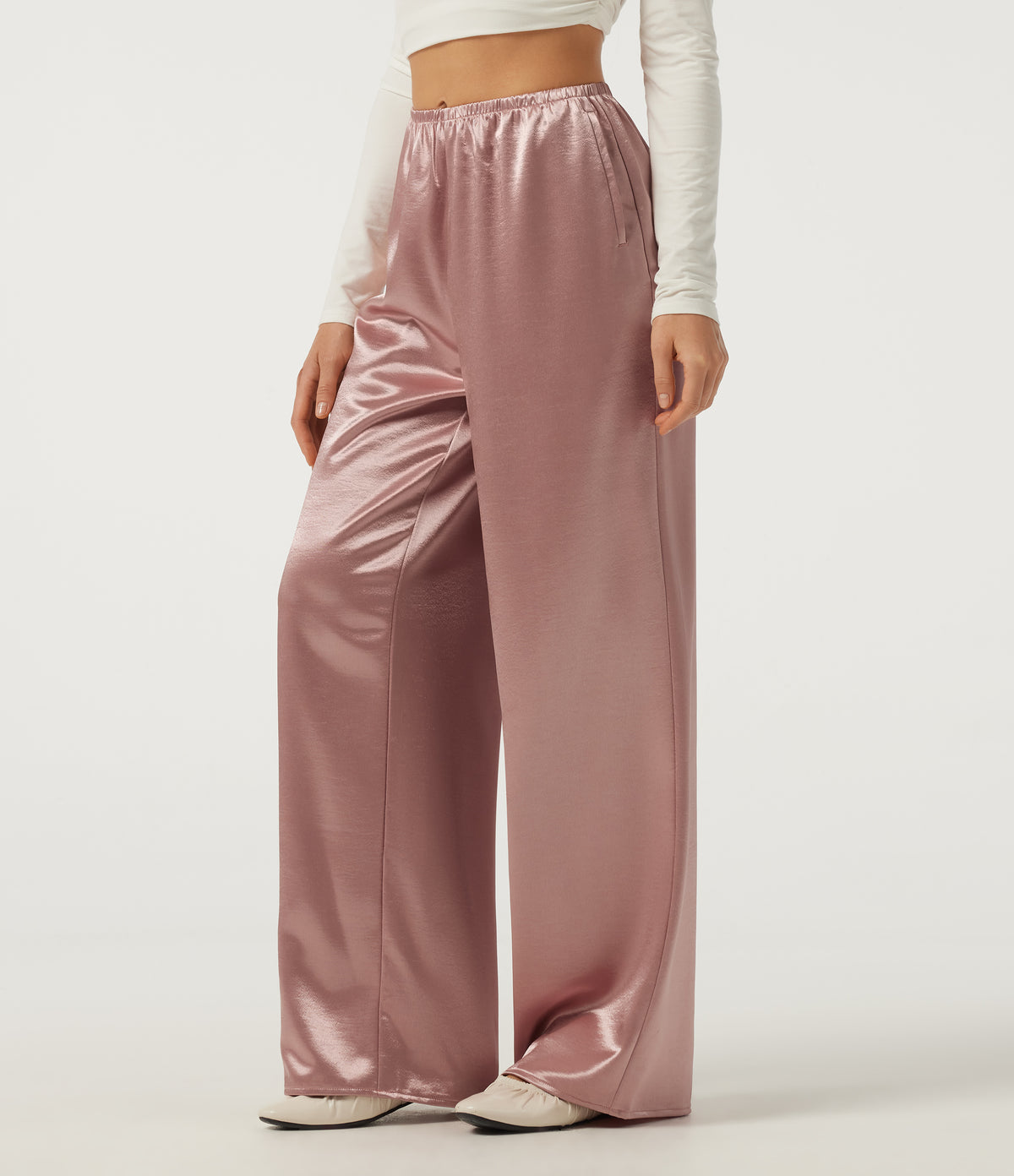 Mid Rise Wide Leg Satin Work Trousers with Pockets — Misty Rose — view 3
