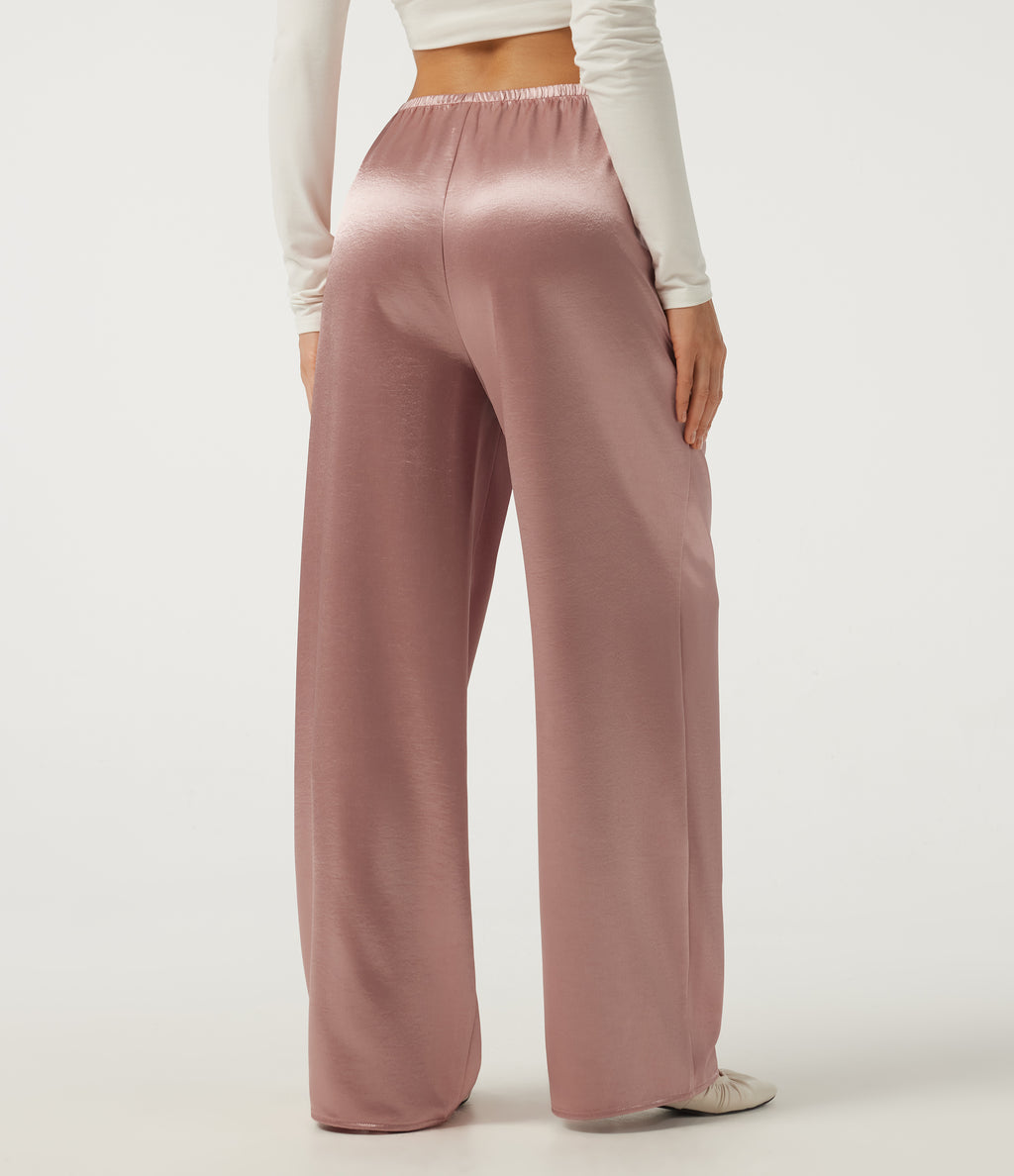 Mid Rise Wide Leg Satin Work Trousers with Pockets — Misty Rose — view 2