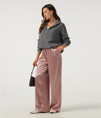 Mid Rise Wide Leg Satin Work Trousers with Pockets — Misty Rose — view 5