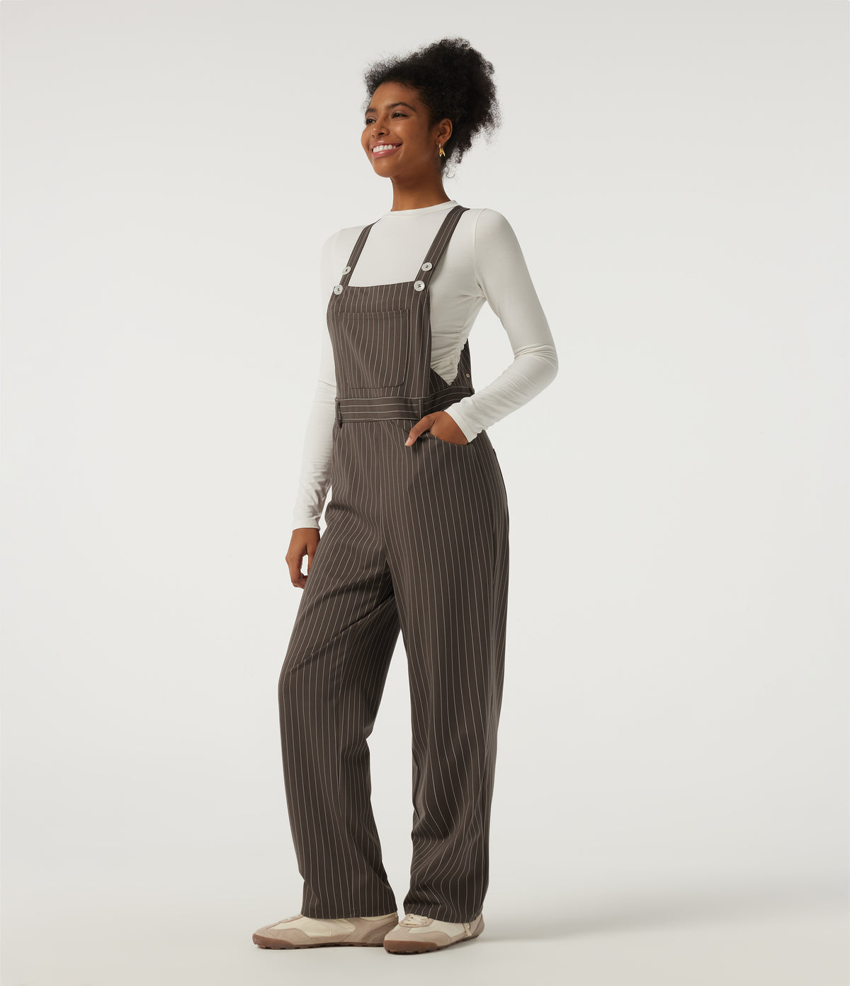 Square Neck Straight Leg Stripe Casual Dungarees with Pockets — Espresso Cream Stripe — view 3