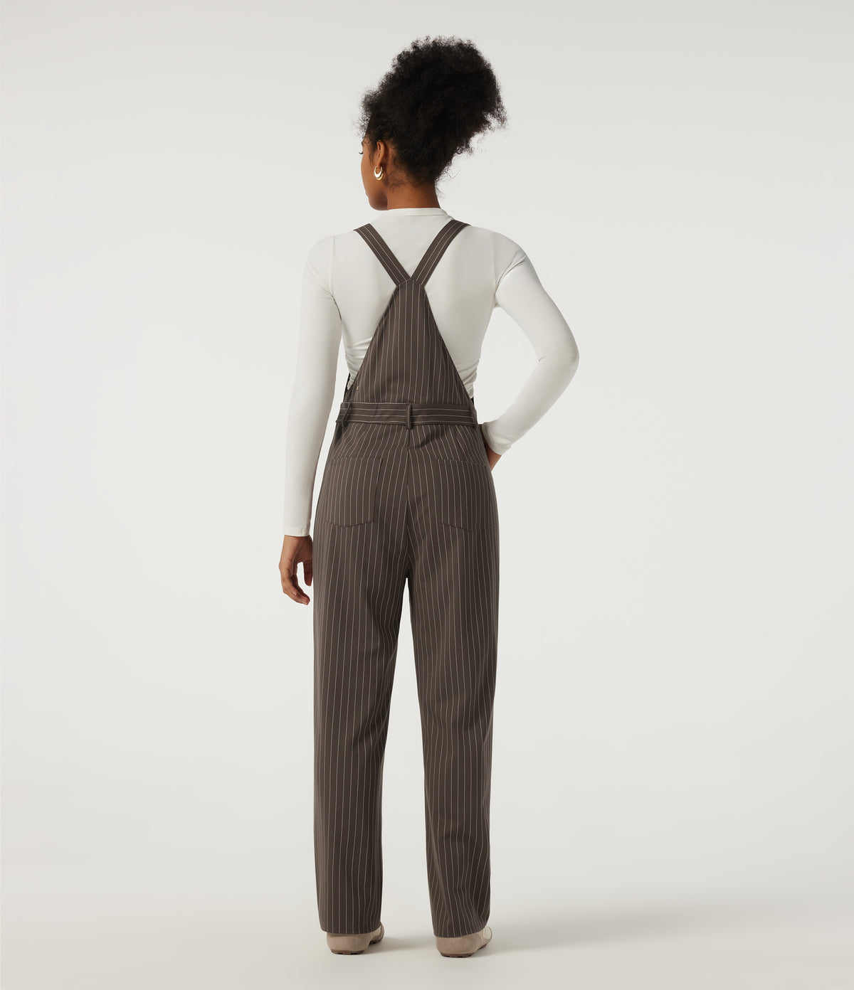 Square Neck Straight Leg Stripe Casual Dungarees with Pockets — Espresso Cream Stripe — view 2