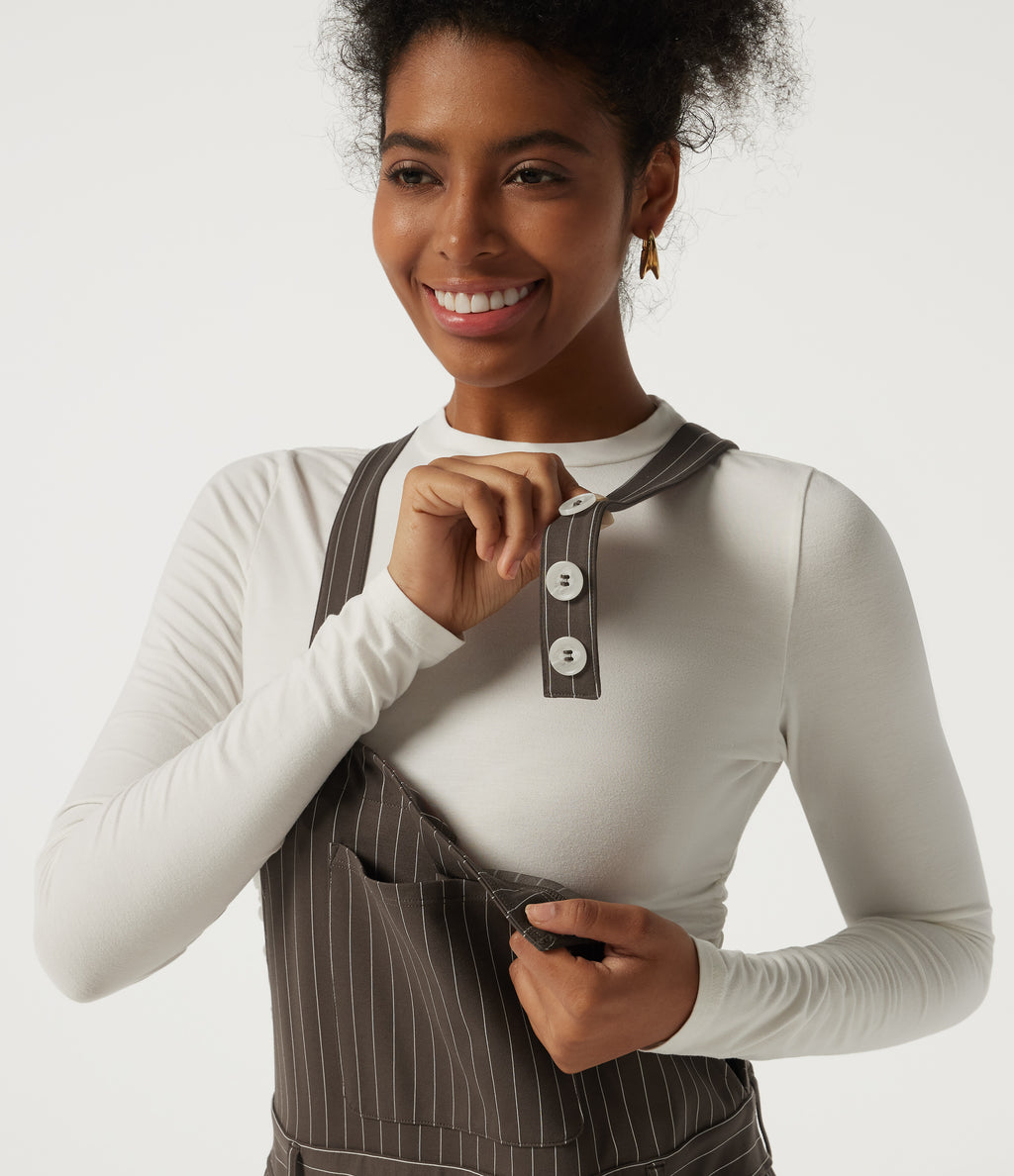 Square Neck Straight Leg Stripe Casual Dungarees with Pockets — Espresso Cream Stripe — view 4