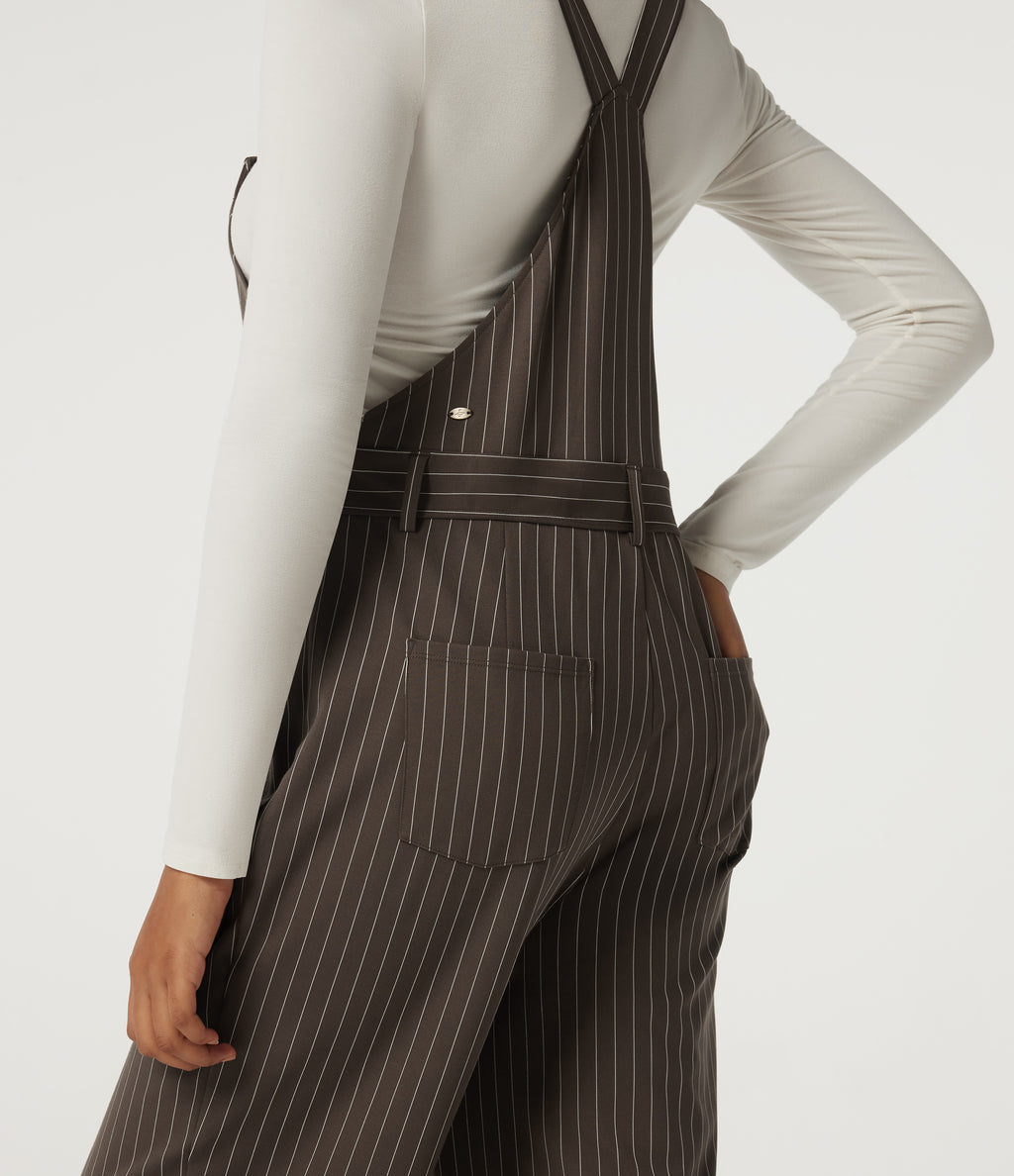 Square Neck Straight Leg Stripe Casual Dungarees with Pockets — Espresso Cream Stripe — view 7