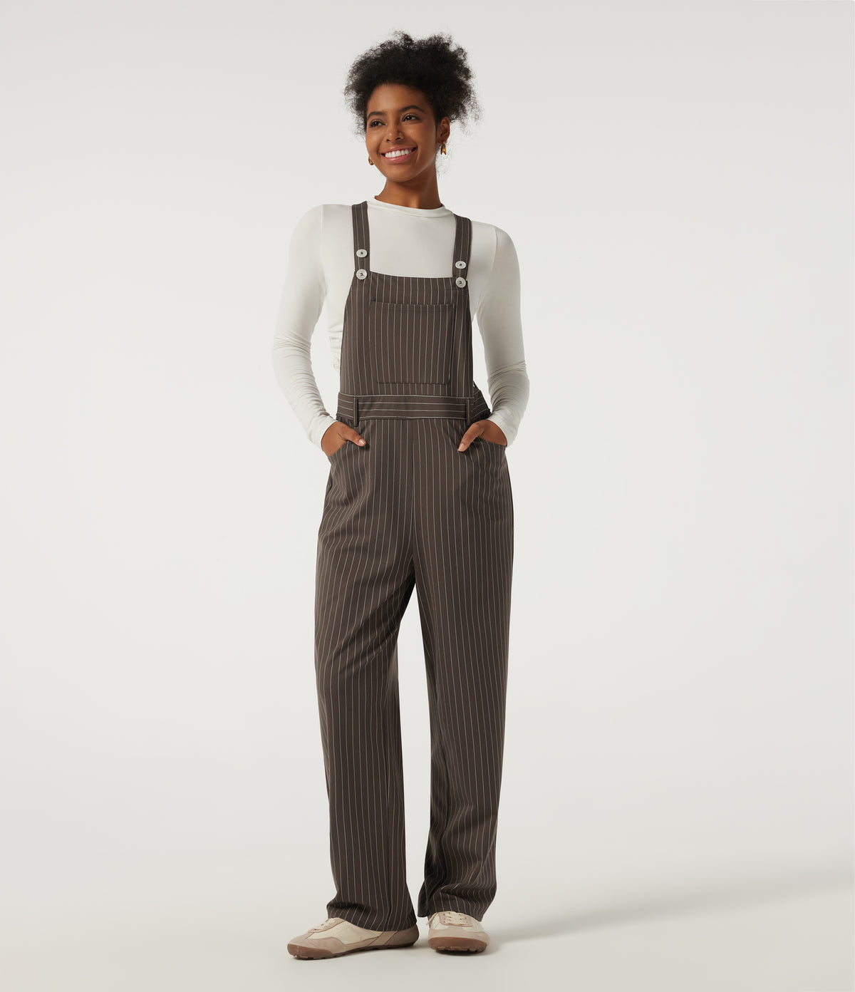 Square Neck Straight Leg Stripe Casual Dungarees with Pockets — Espresso Cream Stripe — view 1