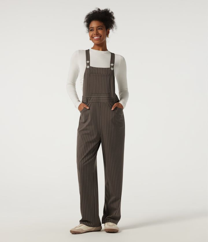 Square Neck Straight Leg Stripe Casual Dungarees with Pockets — Espresso Cream Stripe — view 1