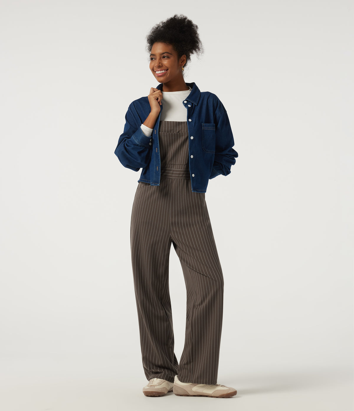 Square Neck Straight Leg Stripe Casual Dungarees with Pockets — Espresso Cream Stripe — view 8