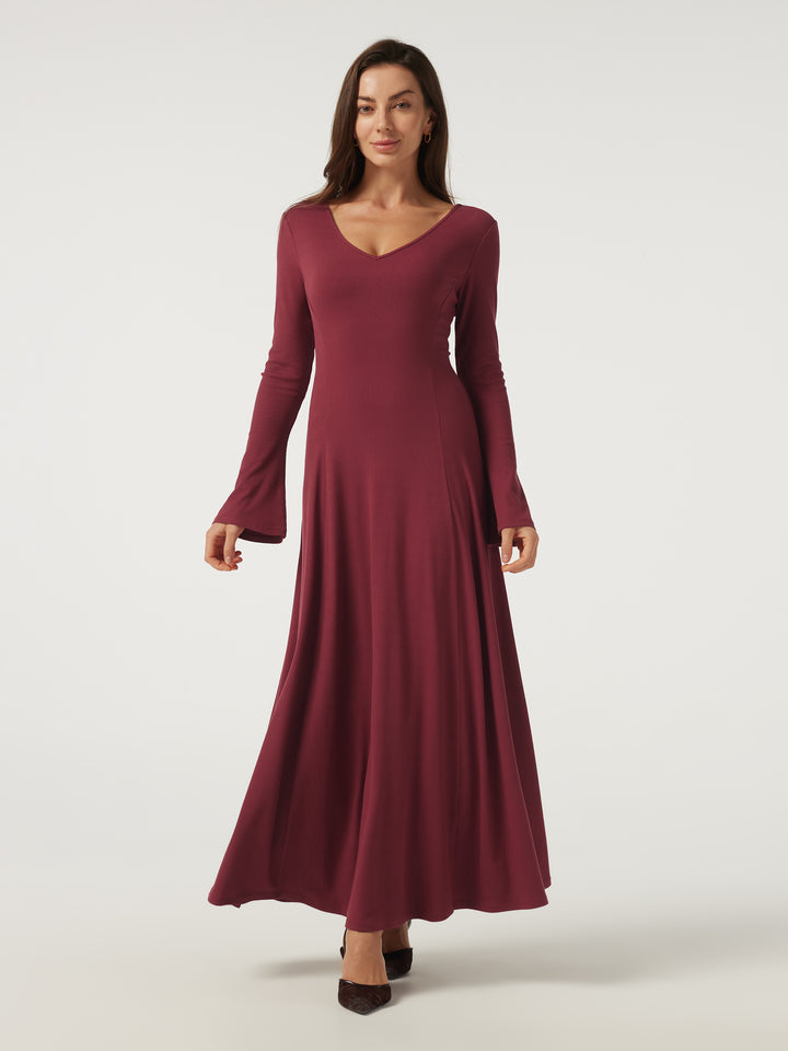 Ribbed Knit V Neck Flounce Long Sleeve A-Line Casual Maxi Dress — Ruby Wine — view 1