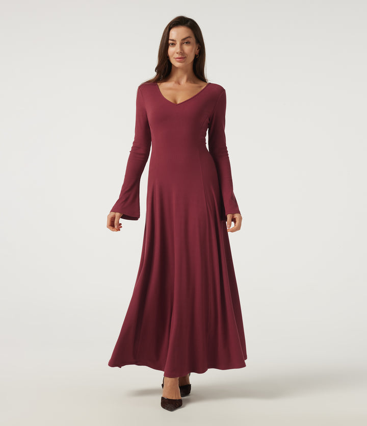 Ribbed Knit V Neck Flounce Long Sleeve A-Line Casual Maxi Dress — Ruby Wine — view 1