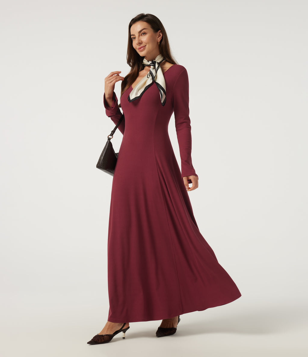 Ribbed Knit V Neck Flounce Long Sleeve A-Line Casual Maxi Dress — Ruby Wine — view 6