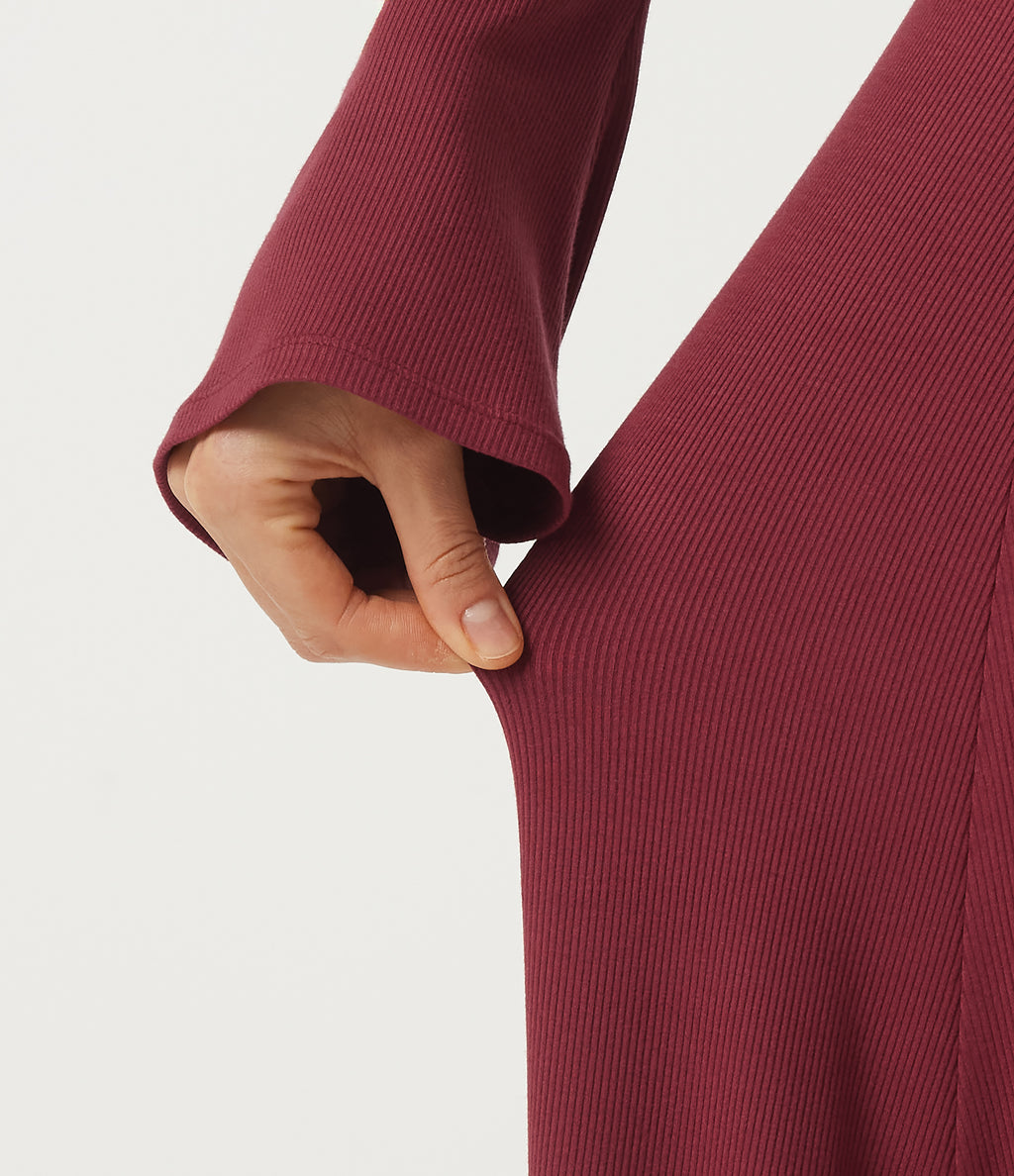 Ribbed Knit V Neck Flounce Long Sleeve A-Line Casual Maxi Dress — Ruby Wine — view 5