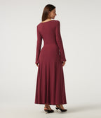 Ribbed Knit V Neck Flounce Long Sleeve A-Line Casual Maxi Dress — Ruby Wine — view 2