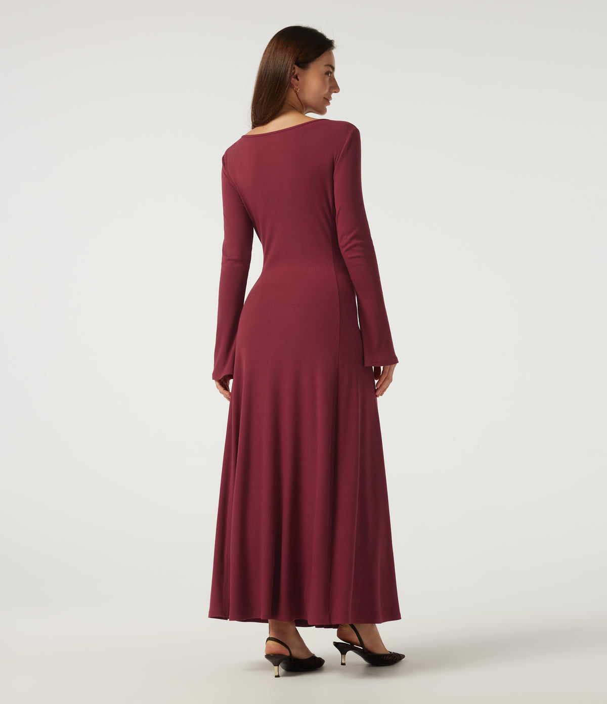 Ribbed Knit V Neck Flounce Long Sleeve A-Line Casual Maxi Dress — Ruby Wine — view 2