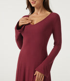 Ribbed Knit V Neck Flounce Long Sleeve A-Line Casual Maxi Dress — Ruby Wine — view 4