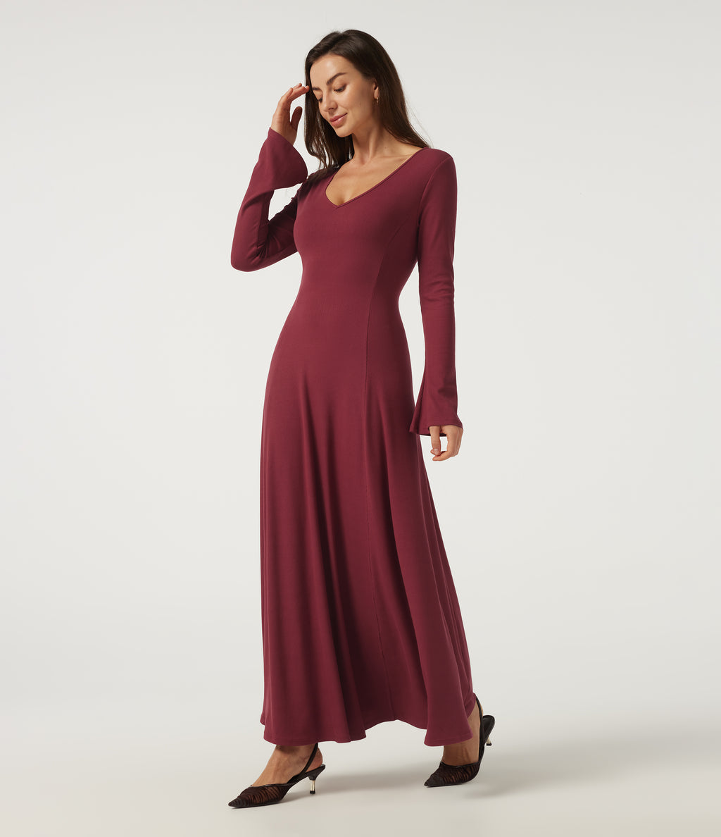 Ribbed Knit V Neck Flounce Long Sleeve A-Line Casual Maxi Dress — Ruby Wine — view 3