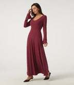 Ribbed Knit V Neck Flounce Long Sleeve A-Line Casual Maxi Dress — Ruby Wine — view 3