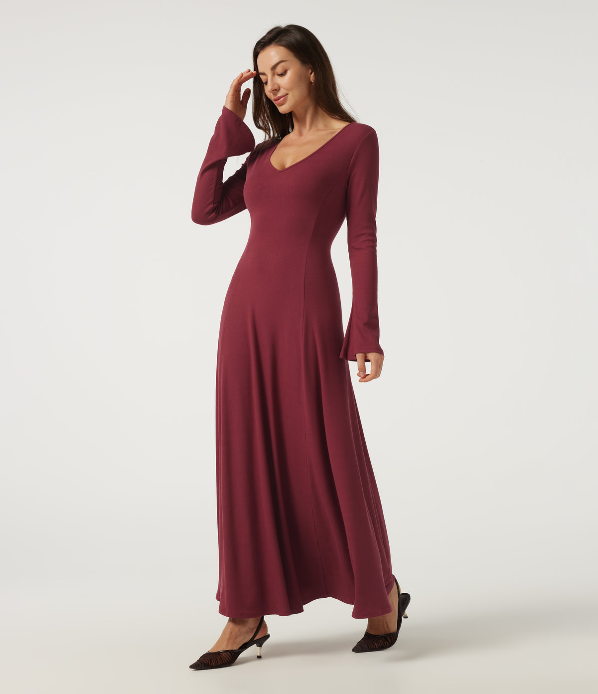 Ribbed Knit V Neck Flounce Long Sleeve A-Line Casual Maxi Dress — Ruby Wine — view 3