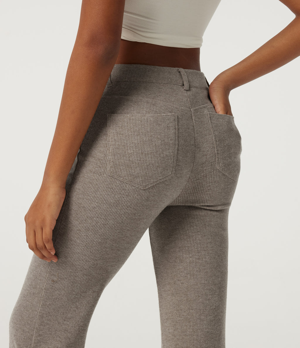 Ribbed Mid Rise Casual Flare Trousers with Pockets — Taupe Stripe — view 5
