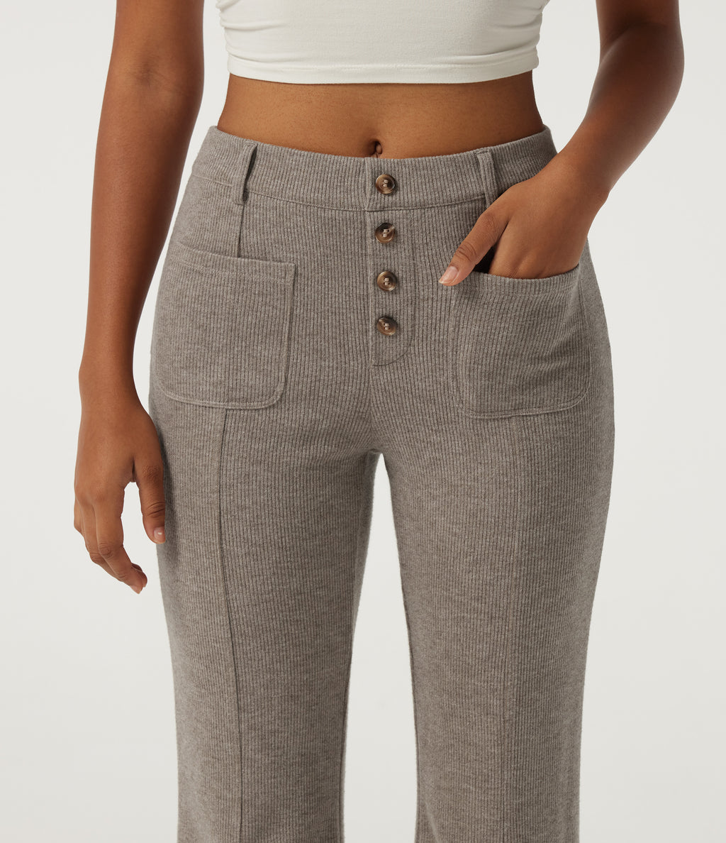 Ribbed Mid Rise Casual Flare Trousers with Pockets — Taupe Stripe — view 4