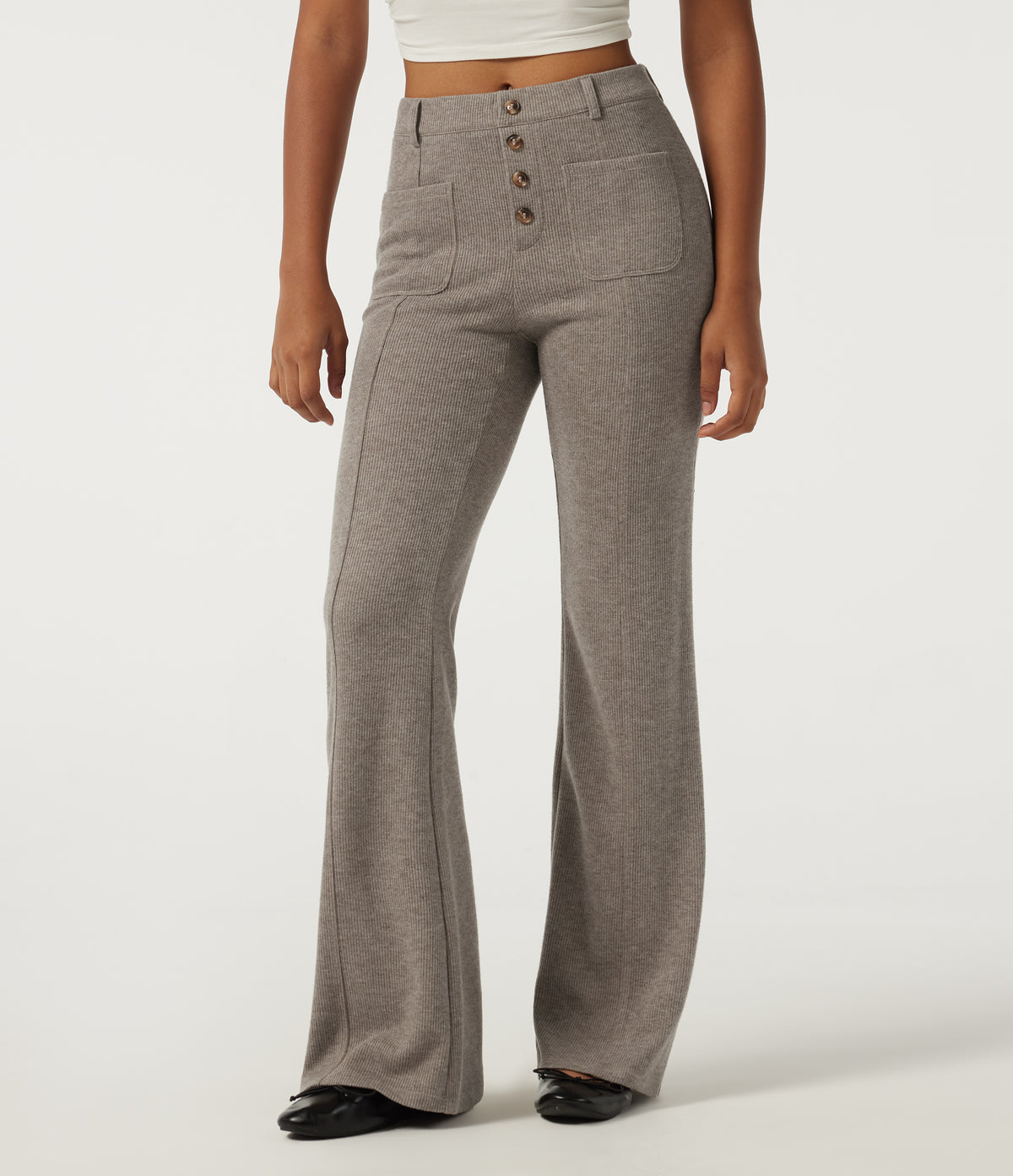 Ribbed Mid Rise Casual Flare Trousers with Pockets — Taupe Stripe — view 3
