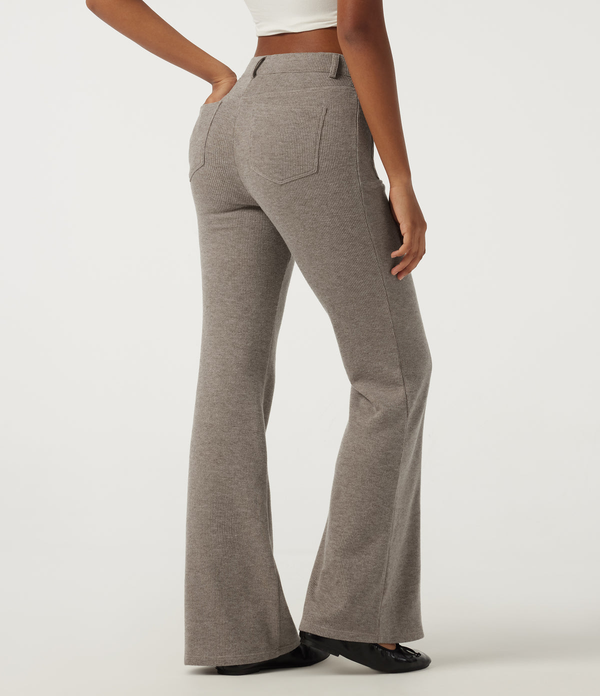 Ribbed Mid Rise Casual Flare Trousers with Pockets — Taupe Stripe — view 2