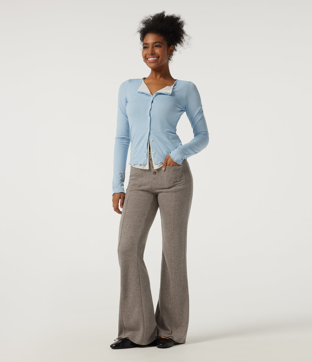 Ribbed Mid Rise Casual Flare Trousers with Pockets — Taupe Stripe — view 6