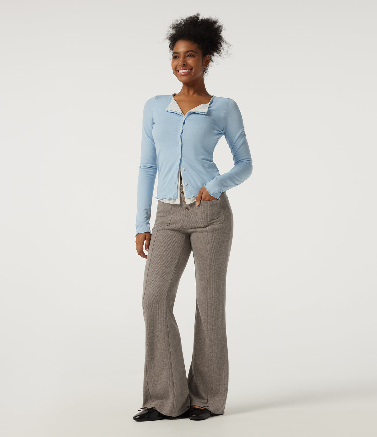 Ribbed Mid Rise Casual Flare Trousers with Pockets — Taupe Stripe — view 6
