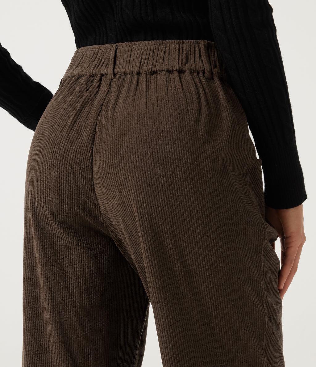 Mid Rise Straight Leg Asymmetric Corduroy Casual Trousers with Pockets — Demitasse — view 6