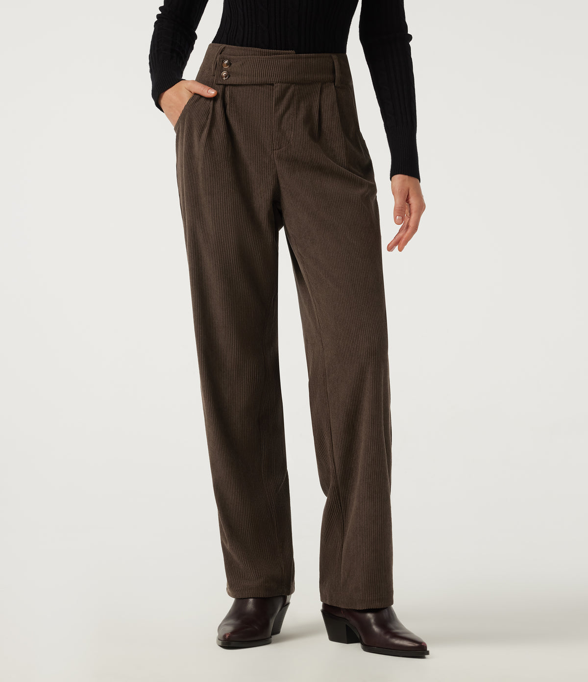 Mid Rise Straight Leg Asymmetric Corduroy Casual Trousers with Pockets — Demitasse — view 2