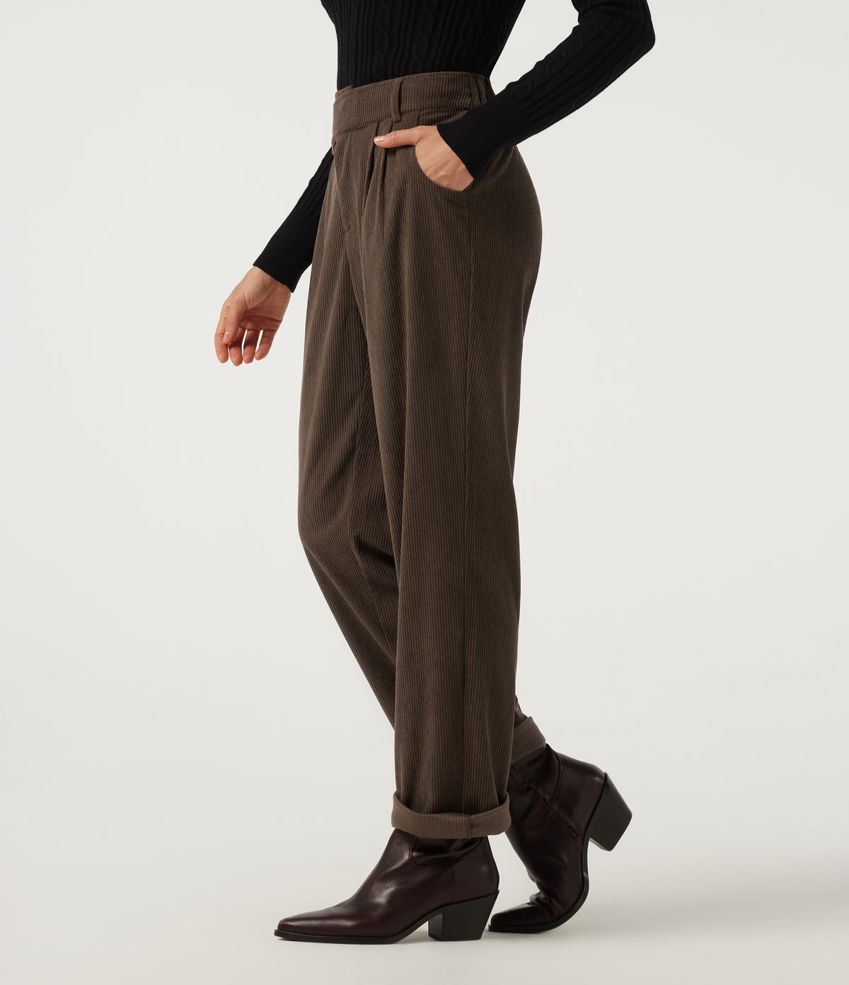 Mid Rise Straight Leg Asymmetric Corduroy Casual Trousers with Pockets — Demitasse — view 1