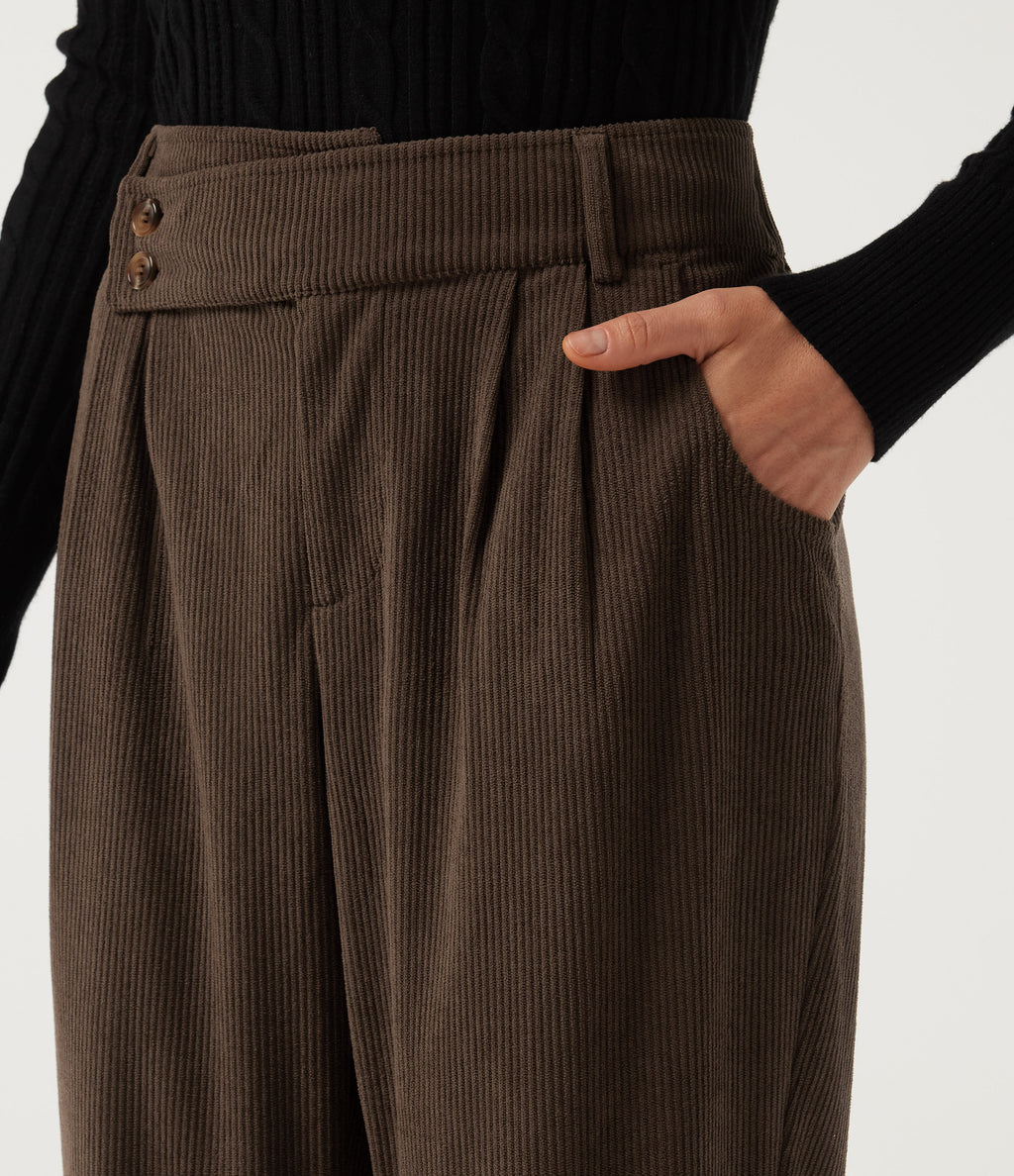 Mid Rise Straight Leg Asymmetric Corduroy Casual Trousers with Pockets — Demitasse — view 7