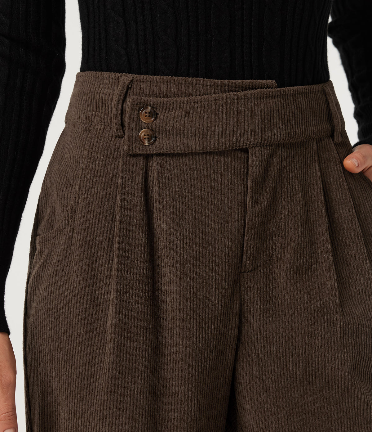 Mid Rise Straight Leg Asymmetric Corduroy Casual Trousers with Pockets — Demitasse — view 5