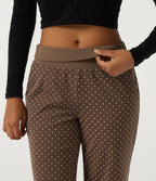 High Waisted Foldover Polka Dot Flare Casual Trousers with Pockets — Golden Brown Dot — view 4
